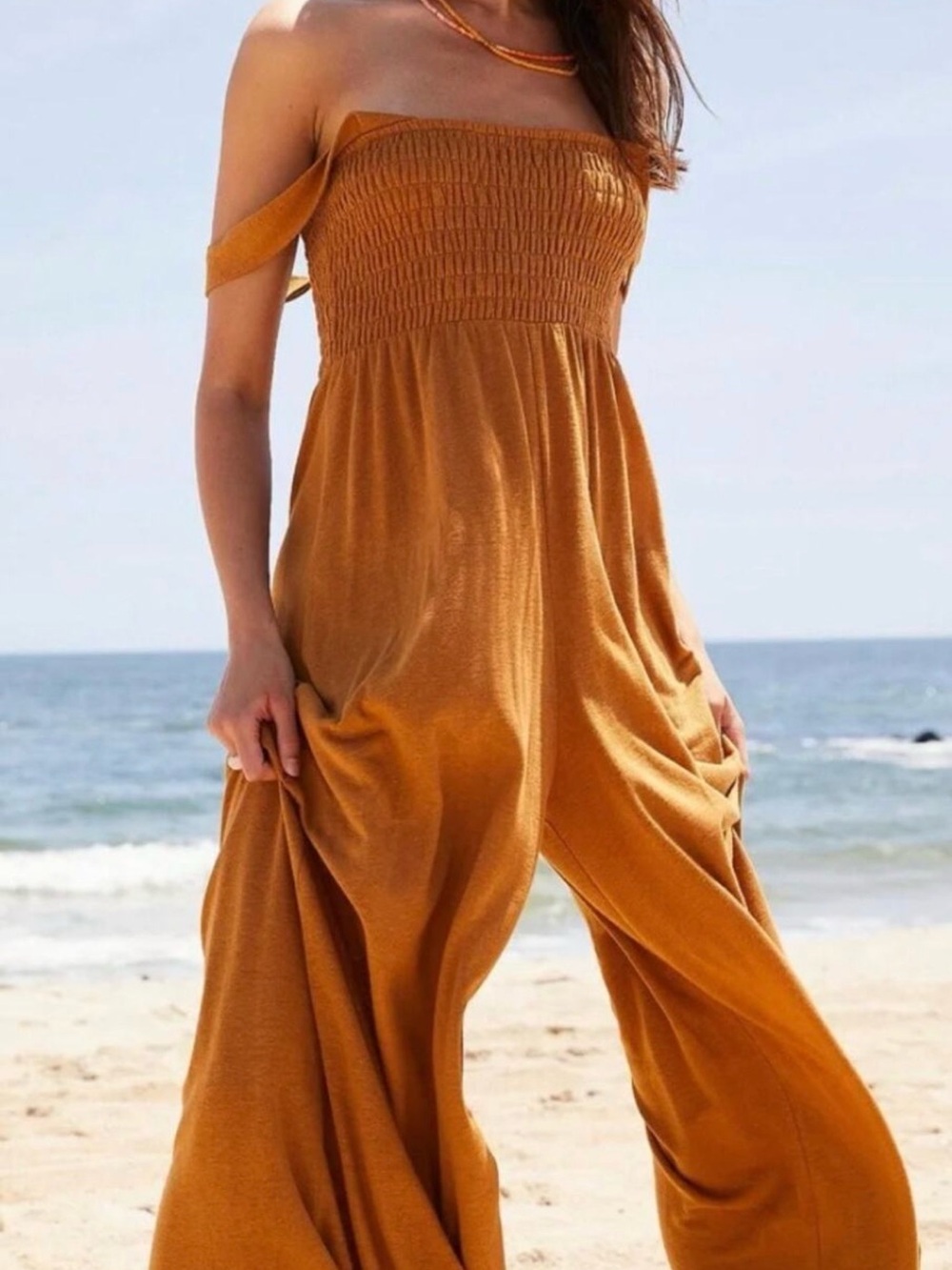 Free People Off-Shoulder Wide-Leg Jumpsuit in Mustard Gold